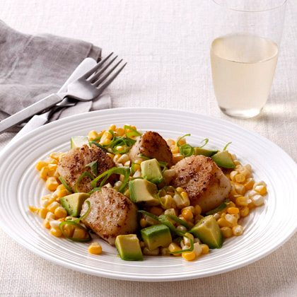 Fresh Corn With Avocado, Scallions, and Spiced Scallops Recipe