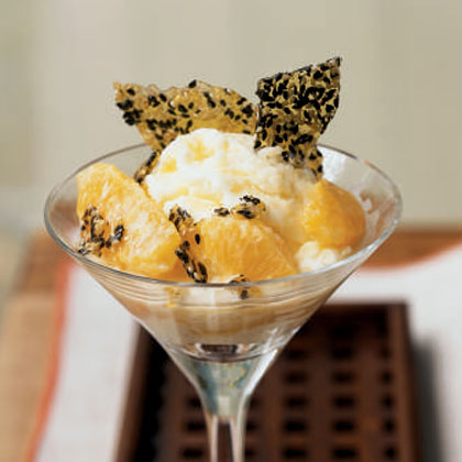 Warm Oranges in Sake Cream with Sesame Brittle Recipe