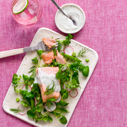 Poached Salmon and Watercress Salad with Dill-Yogurt Dressing Recipe