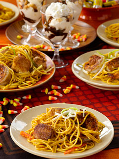 Pumpkin-Peanut Curry Noodles with Five-Spice Seared Scallops and Shrimp