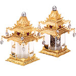 3K" Pagoda salt and pepper shakers in 14kt gold plate with freshwater pearls and Swarovski crystals, L'Objet.