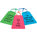 Plastic luggage tags with six messages, Pamela Barsky.