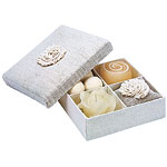 Organic cotton gift box of handmade  pinwheel soap,bath balls, sachet and rose candle, Rain Created for Living, Rain Created for Livin.