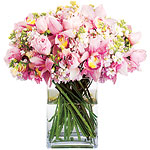Cloud arrangement of roses, sweet peas and orchids, Belle Fleur.