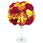 Sweet Martini arrangement with orchids and red and peach spray roses, Pinon Design.