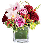 Vineyard Blush arrangement with lavender, red roses, and orchids, Teleflora.
