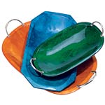 Hand-lacquered wood trays with silver-plated handles, 18" oval ($350), 13" oval ($225) and 14" hexagon ($175), 