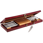 Stainless–steel steak knife set in beechwood box, J.A. Henckels.