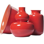 Glazed porcelain bowl (diameter: 6") and bud vases (height: 5"), Middle Kingdom.
