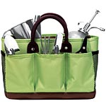 Nylon indoor-outdoor gardening tote, with watering can, plant mister, pruning shears, rake, trowel and spade, Red Envelope.