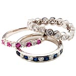 Platinum and diamond Jazz Flexible ring; platinum, diamond and pink sapphire band; platinum, diamond and blue sapphire band, Tiffany & Co..