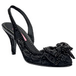 Satin and velvet lace slingback with jet beads, Betsey Johnson.