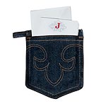 Denim pocket with eight initial cards/envelopes, Tori Higa.