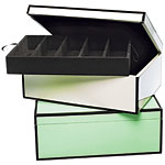 Lacquered wood boxes in ivory and pistachio (also in red or chocolate) height:, Lunt Silversmiths.