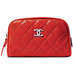 Red perforated lambskin timeless case (H: 5", W: 7"; also in tan, gray or black) with cotton lining, Chanel.