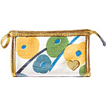 Metallic-trim plastic-covered linen St. Moritz Bag (H:4", W:6"; also in pink floral) with cotton lining, Felix Rey.