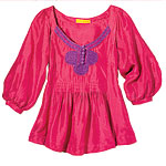 Red silk top with cotton embroidery (sizes XS-L), Roberta Freymann.
