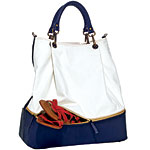Weekender bag in white cotton canvas and navy leather (height: 17", width: 16", depth: 7K"), Boyy.