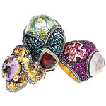 Carved rock crystak ring with diamonds and rubies set in sterling silver with 24kt gold; 24kt-gold and sterling silver ring with pink quartz and diamonds; 24kt-gold and sterling-silver ring with pink quartz, sapphires and diamonds, Sevan Bicakci.