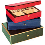 Lacquered snakeskin-pattern boxes, (from top) height: 10", width:5.5", depth:2.75". H:9", W:7", D:3", H:11", W:8", D:3, Tizo Design.