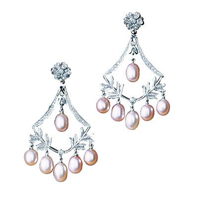 white gold, pearl and pave diamond chandelier earrings