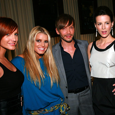 Ashlee Simpson in  a James Perse tank, Gucci skirt, Jessica Simpson in Karen Zambos, Ken Paves, Kate Beckinsale in Balenciaga, EBMRF fundraiser at Beso, Los Angeles