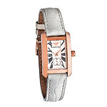 Rose-gold-plated bezel watch with a gray leather band, Emporio Armani.
