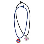 Polished-metal pendants with nylon cords, A. Tierney.