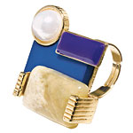 Ring of polished rock and metal with enamel and faux pearl, Shop Suey Boutique.