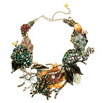 Necklace of brass, copper plate, enamel, Swarovski crystals, mother-of-pearl and shell, Philippe Ferrandis.