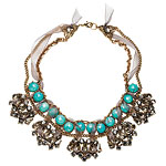 Turquoise with black crystal, gold plate and silk-chiffon ribbon necklace, Badgley Mischka.