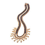 Synthetic pearl and crystal necklace with velvet ribbon, ornate clasp and gold-plated chain, Mawi.