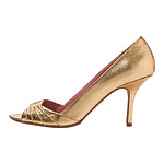 Pewter foil and leather heels with suede sock cushion, Gwyneth Shoes.