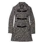 Tweed coat with patent leather buckles, Longchamp.