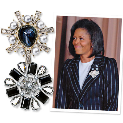 Michelle Obama's Office Style - Strategic Accessories - Gerard Yosca - Swarovski - Moschino