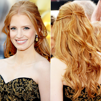this beautiful hairstyle worn by Jessica Chastain at the Oscars