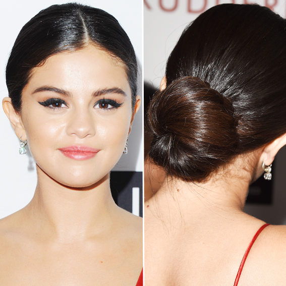 Selena Gomez’s SlickedBack Bun The Best Party Hairstyles