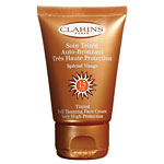 This lightly tinted cream creates a smooth, streakless sun-tanned appearance in less than two hours, and it protects from real rays with SPF 15., Clarins