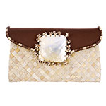 Straw, shell and canvas clutch, Arden B..