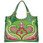 Embroidered canvas tote with leather trim, Isabella Fiore.