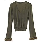 Olive cashmere silk v-neck sweater with pleated chiffon frill cuff, Burberry.