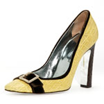 Yellow heel with brown velvet buckle, Dolce & Gabbana.
