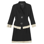 Black wool skirt suit with white astrakhan trim, Dolce & Gabbana.