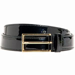 Brown patent leather belt with gold buckle, Prada.