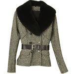 Black and cream wool plaid  jacket with removable possum collar, Ralph Lauren.