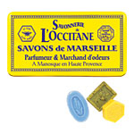 Savons de Marseille tin with 12 scented guest soaps, L'Occitane.
