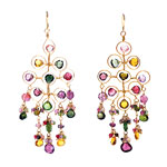 Gold-filled 3 1/2" chandelier earrings with multicolored tourmalines, Cousin Claudine.