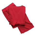 Cashmere-blend V-neck [also in ivory and black] and lounge pants in red [also in pink and black], Gap.
