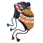 Incas wool snow cap with fringe ties in camel, gray and blue, J. Crew.