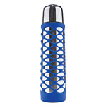 Stainless-steel Spider thermos with rubbery silicon web cover in cobalt blue [also in orange, green, pink and black], Alfi.